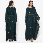Fashion Women Islamic Long Sleeves Belt Foil Feather Print Turkish Kaftan