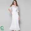 D245 Elegant White China Long Maxi Pleated Chiffon Lace Peplum Dress