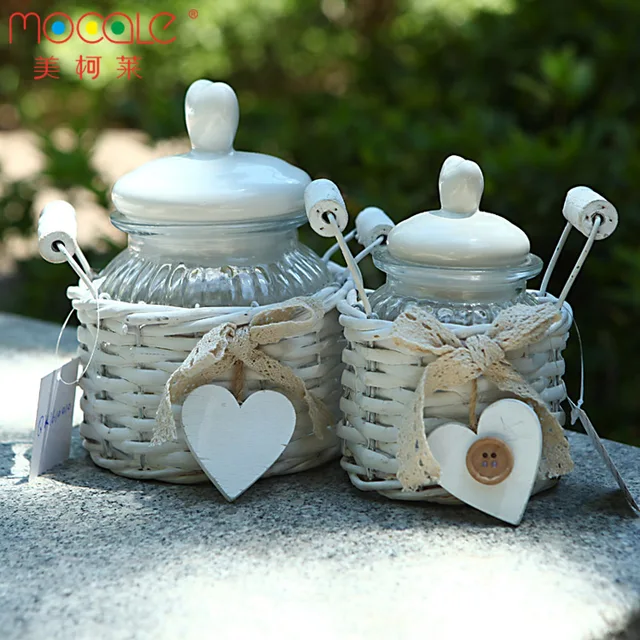 set candy jar for cookie storage with wicker basket and ceramic