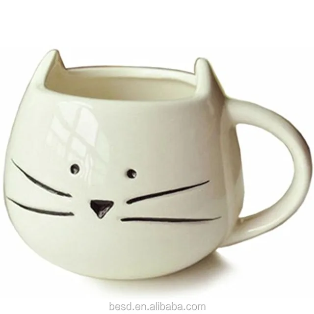 cute cat face glazed white plain souvenir ceramic tea mug for