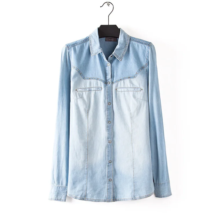 2015 New women denim blouses long sleeve rivet jeans shirts plus size 4XL casual women blouse free shipping