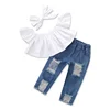 YY10333G Girls summer outfit boutique clothing sets children off shoulder ruffle top+ ripped jeans pants 2pcs toddler ruffle set