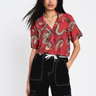 New Fashion Ladies Blouses Slim Women Dragon Print Crepe Short-Sleeve Shirt Blouse Office Work Wear