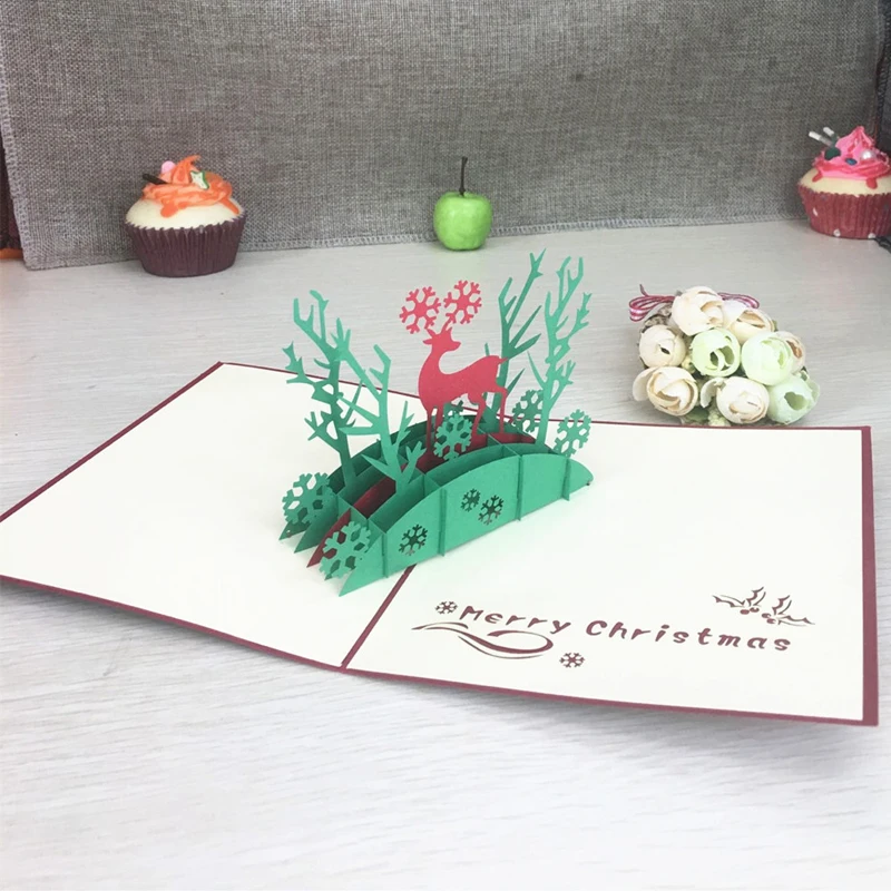 1pcs Christmas Deer Laser Cut 3D Handmade Pop Up Greeting Cards Postcard Kirigami Thanksgiving Day Christmas Birthday Gifts