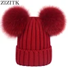 Winter Warm Detachable Double Ball Design 100% Real Fox Fur Pom Pom Ball Knitted Beanie Hat for Women