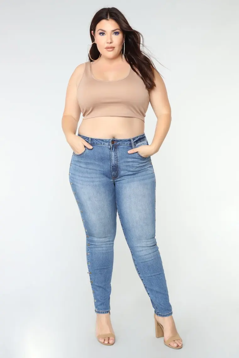 2018 Fashion Custom Stud Side Details Skinny Big Size Ladies Denim Jeans for Fat Women