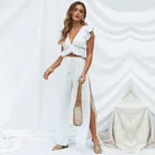 Sexy Fashion 2019 two piece set women clothing High slit pants Casual White V Neck Bodycon ropa para mujer