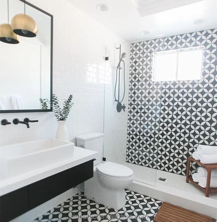 สถาปัตยกรรมห้องน้ำโมร็อกโกโบราณกระเบื้องปูพื้นเซรามิกสีดำและสีขาวรูปแบบกระเบื้อง