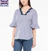 Womens V neck short flares sleeves cotton large all-over striped blouse lace trim top