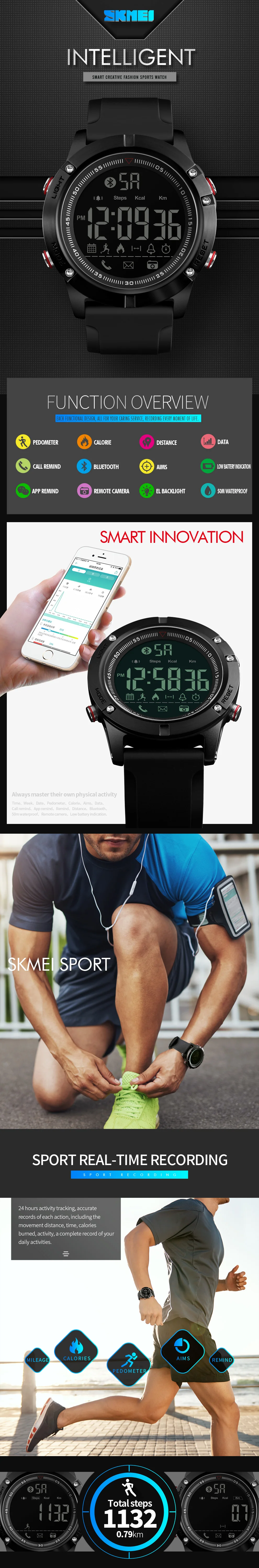SKMEI 1425 Smart Watch Men Blue-tooth Sports Waterproof Digital Watches Calories Pedometer Multifunction Reminder reloj smart