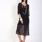 Sexy Mature One Piece See-through Black Evening Party Long Dress V Collar Lace Half Sleeve Two Layers Mesh Lady Dress