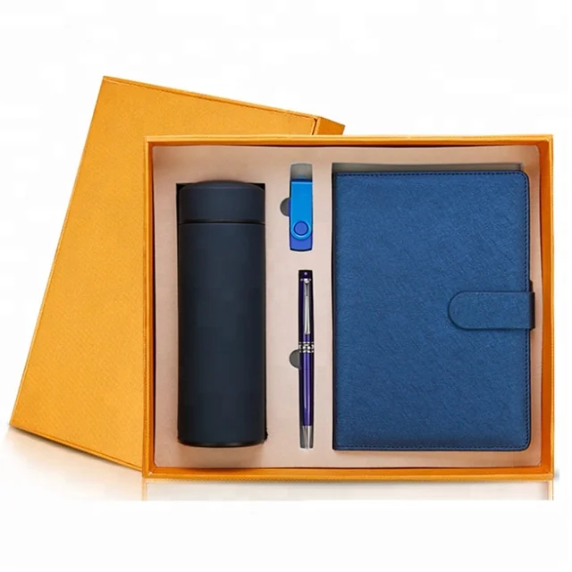 gift set with vacuum flask and metal pen and usb and notebook