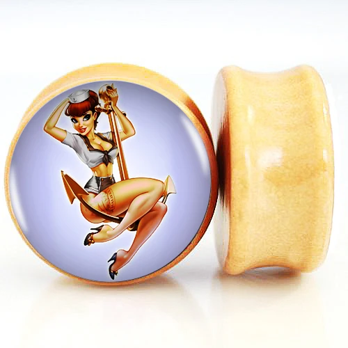 2pcs/Lot Pair of Nature Wood Ear Plugs Fit Ear Gauges Plugs - Pin Up Girl On Anchor 6MM-25MM 2G-1'' Flesh Tunnels