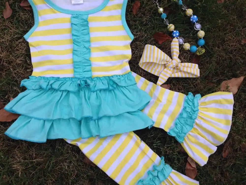 2016 new hot girls yellow strips blue capri set outfits with matching necklace and headband