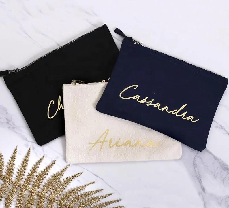 Toptan özel altın Logo baskılı organizatör hediye pamuk kanvas Carry-all çantası moda tuvalet seyahat makyaj kozmetik çantası