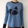 100% Cashmere round neck long sleeve contrast color knitting pullover basic sweater with cat print/embroidery