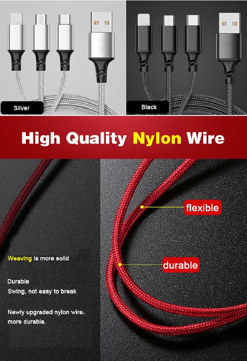 Eonline Multi Charger Cable Universal 3 in 1 USB Charging Cable with Micro USB Type c Port Cable for 8-PIN Most Android Phones - ANKUX.COM