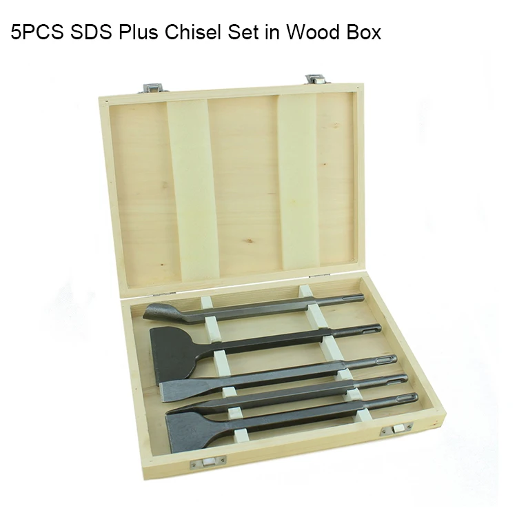 5Pcs SDS Plus Chisel Set in Wood Box for Concrete Tile Wall Stone