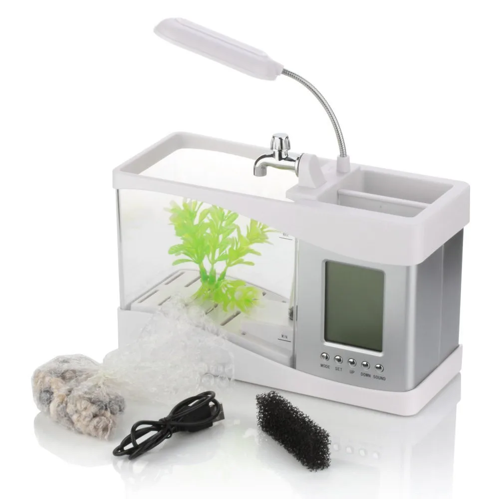 Usb Desktop Aquarium Mini Fish Tank With Running Water Lcd Time Clock