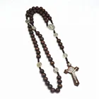 Religious Catholic Christian St Benedict good Dark Brown Wood Beads Cording Rosary Necklace