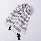 Polyester viscose blended stripe long scarf with tassel