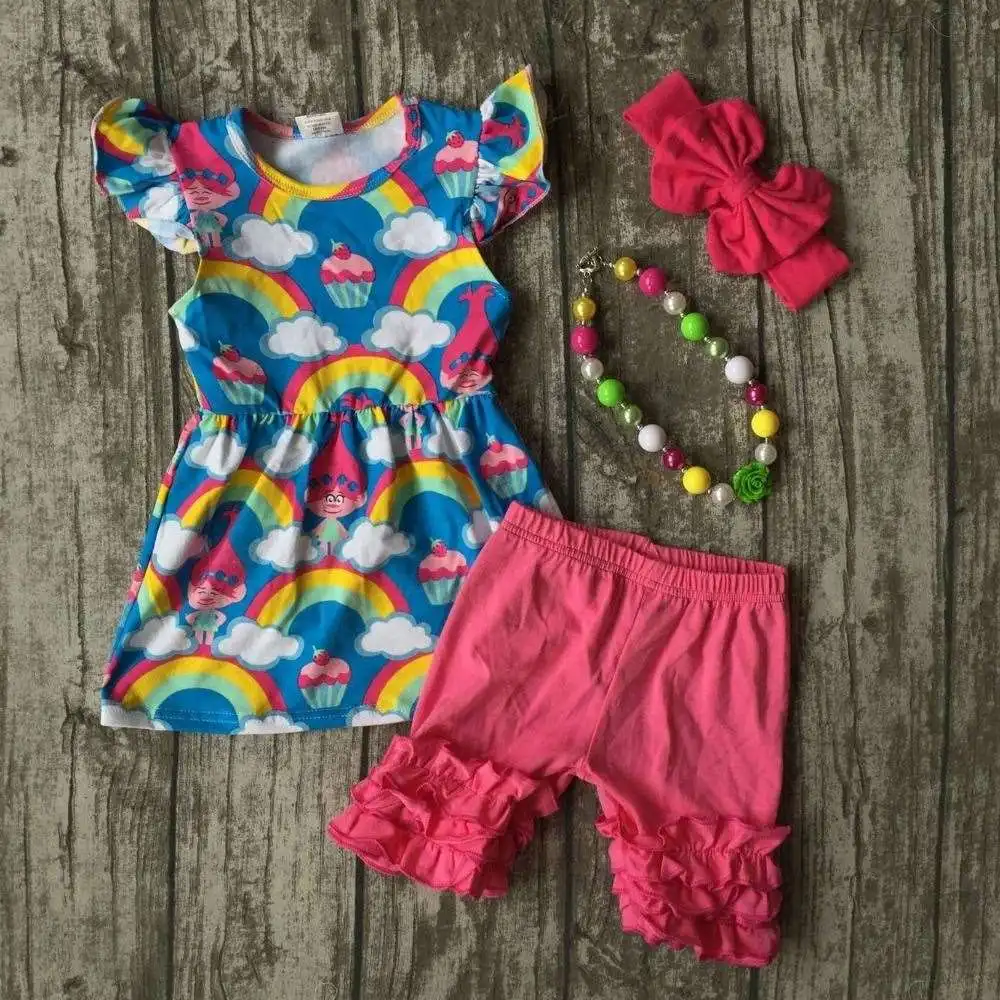 baby Girls Summer clothes girls children troll hair outfits kids rainbow dress top with hot pink shorts outfits with accessories