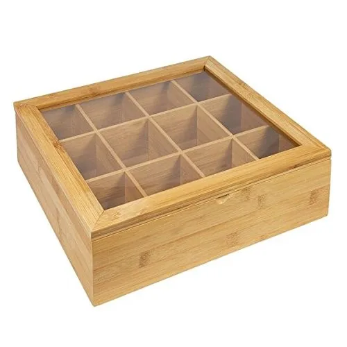 oem bamboo wooden tea box with 12 compartments and clear window