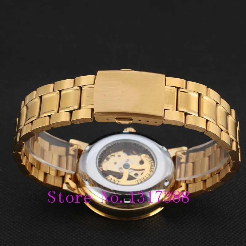 New Fashion Gold Skeleton Watch Men Luury Brand Self Wind Mechanical Wristwatches Male Stainless Steel Analog Clock W125