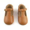 Wholesale brown color genuine cow leather soft rubber sole t-bar baby leather baby shoes