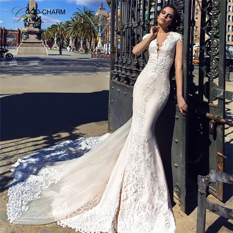 GC-86970398 venta al por mayor de tamaño personalizado de alta calidad diseño sirena Cuello V sin mangas espalda baja hermosa falda vestido de boda
