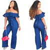 2019 hot sell fashion sexy Off Shoulder Ruffle Sleeve Solid Color Wide Leg Long Denim jeans Jumpsuit with Belt