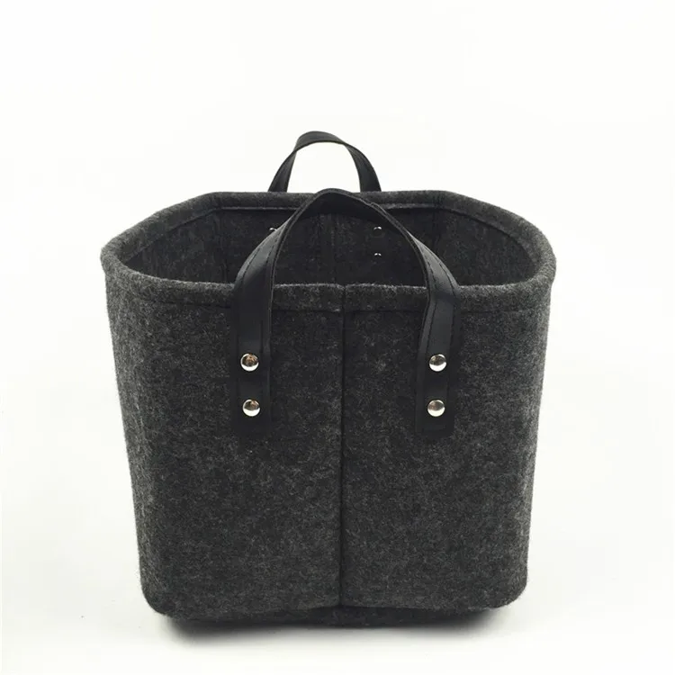 folding durable felt storage basket with leather handles