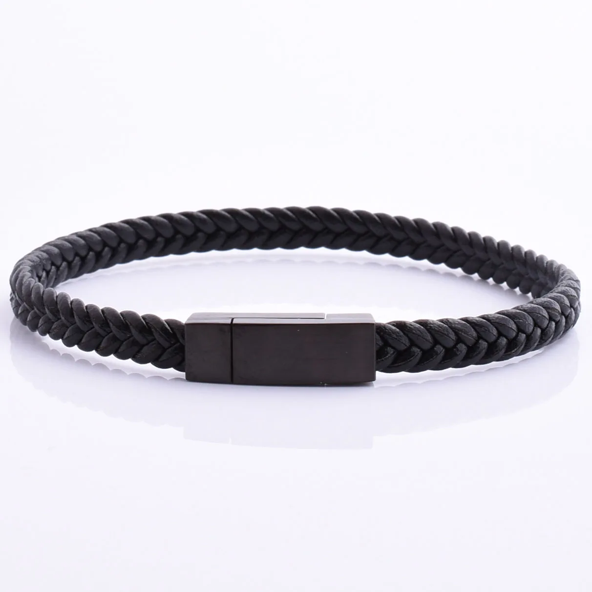 Good Quality Men 316L Stainless Steel Metal Clasp Flat Black Leather Bracelet
