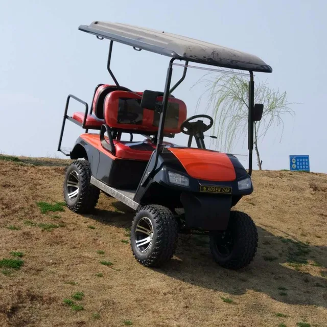 colorful gasoline golf cart with rear flip seats and off rode tire
