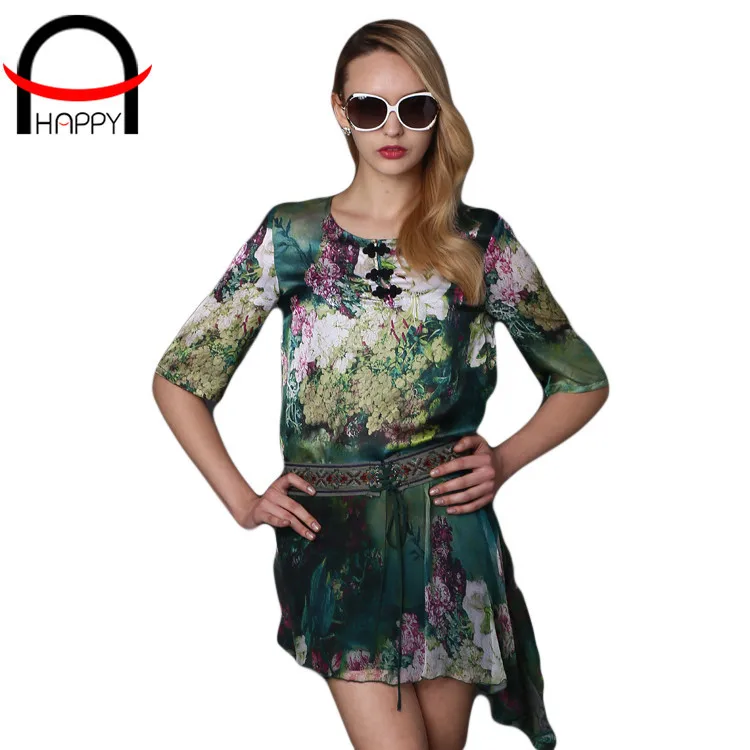 2015 Summer Style New Arrival 100% Pure REAL Silk Women Summer Dress Print Half Sleeve dress Women Brand Casual Sexy dress WD769