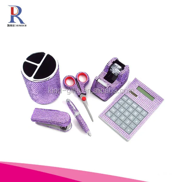 6 Piece Clear Crystal Office Supply Set: Pen Holder, Scissors, Calculator, Pen, Tape Dispenser & Stapler
