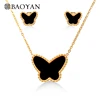 Baoyan Gold Silver Rose Gold Butterfly With Black Stone Necklace and Stud Earring Jewelry Sets Women