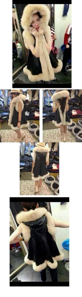 2014 the new explosion models in Europe and America big plush leather trim grass washed hooded sleeveless long vest