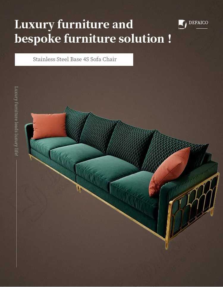Green Velvet Banquet Chromed Stainless Steel Legs Living Room Luxurious 4 Settee Sofa with Cushion