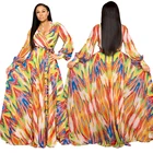 Summer Women Sexy Casual V Neck Printed Long Sleeve Wrap Maxi Dress Evening Dress