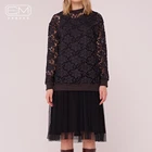 Autumn two-piece lace floral crochet lady long sleeve mesh ruffle dresses women midi draped loose dress
