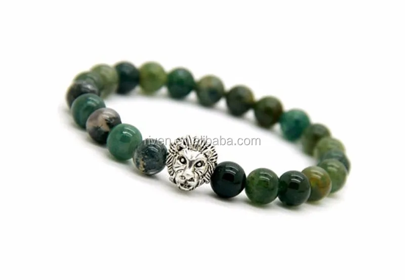 Mens Moss Agate Bracelet, Stretch Bead Bracelet , Agate Gemstone Bracelet, Mens Beaded Bracelet, Moss Agate Jewelry, Lion Green Bracelet Men.jpg