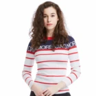 Modern Fashion Women Top Casual Long Sleeve Stripes Letter Print Color Block Knit Tunic Top