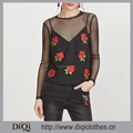 Clothes factory wholesale latest new designs styles ladies Black Sheer Mesh Top With Embroidered Rose Applique Cami Top