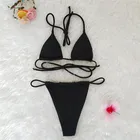 Solid Color Solide Split Bandages Women's Thong Bikini Set
