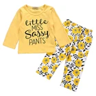 Yellow flower round neck long sleeve girls boutique clothing baby,infant toddlers clothing baby clothes,baby set clothing