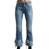 blue ripped of leg hem washed women slim denim pants high waist Cropped flare jeans with patchwork leg
