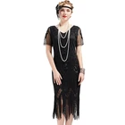 1920s Flapper Sequin black fringed bandage tassel fringe long dress plus size Gatsby Costume Dress V Neck Vintage Beaded