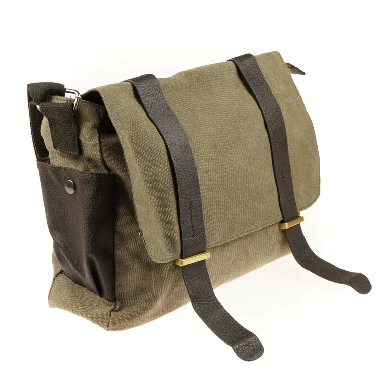 New 2015 Fashion Hot Sale Canvas Leather Satchel School Bags Stonewashed Solid Design Buckles Men Messenger Bags Army Green