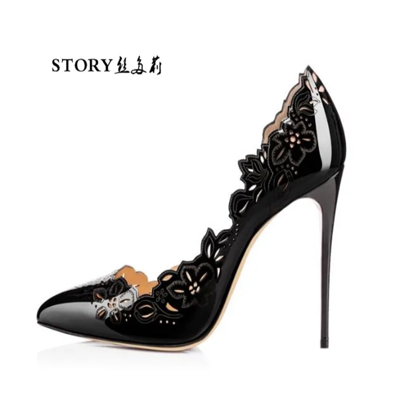 plus size fashion summer wedding bridal sexy women ladies hollow leather flower pointed toe shoes stiletto pump high heels
